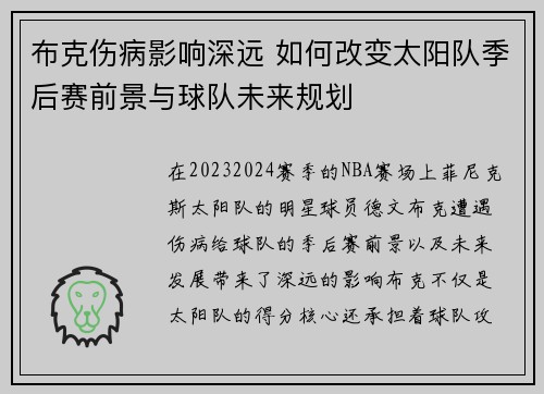 布克伤病影响深远 如何改变太阳队季后赛前景与球队未来规划 布克伤病影响深远 如何改变太阳队季后赛前景与球队未来规划
