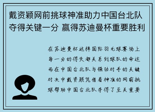 戴资颖网前挑球神准助力中国台北队夺得关键一分 赢得苏迪曼杯重要胜利