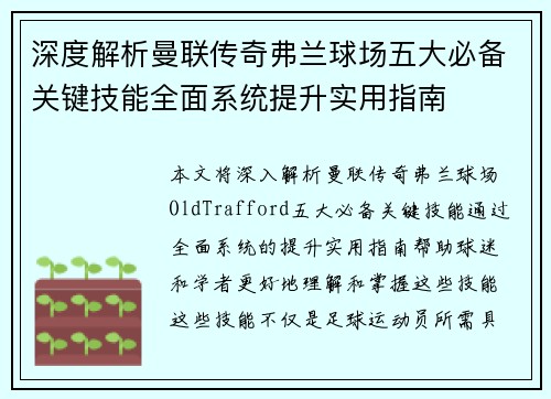 深度解析曼联传奇弗兰球场五大必备关键技能全面系统提升实用指南