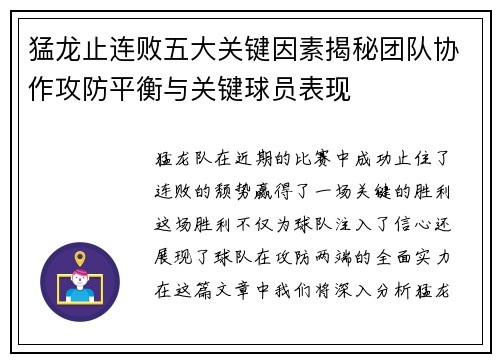 猛龙止连败五大关键因素揭秘团队协作攻防平衡与关键球员表现