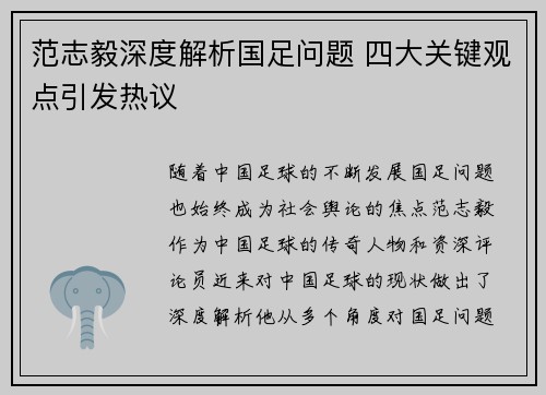 范志毅深度解析国足问题 四大关键观点引发热议