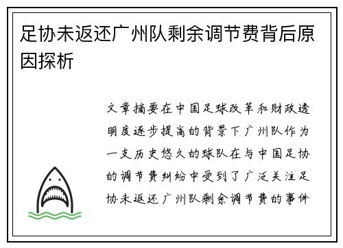 足协未返还广州队剩余调节费背后原因探析